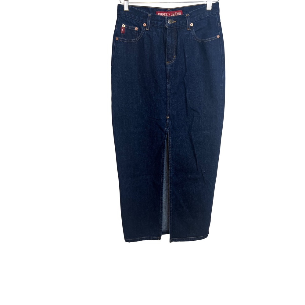 Guess Denim Maxi Skirt Women 27 Front Slit Vintage 90s Y2K AST679 Dark Wash A60